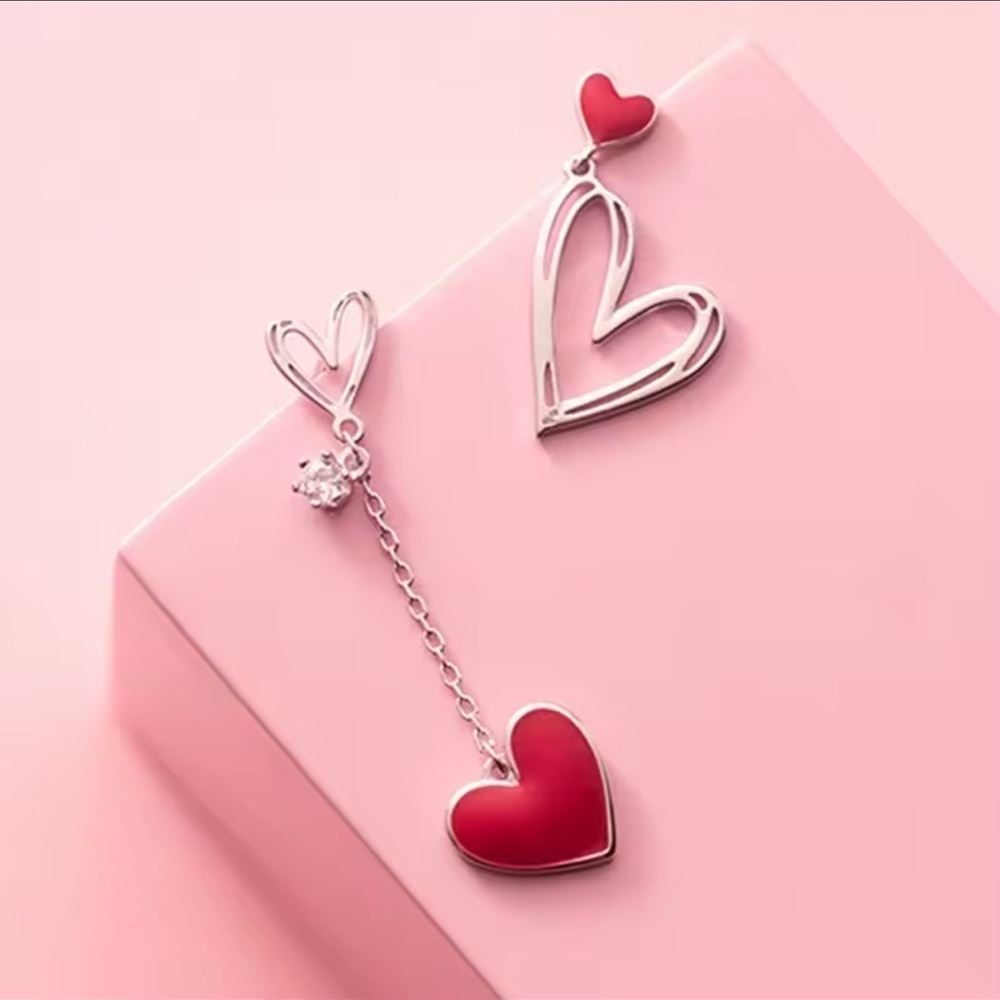 Korean Red Heart Tassel Earrings – Asymmetric Zircon & Pearl Studs ♥️ A7-233